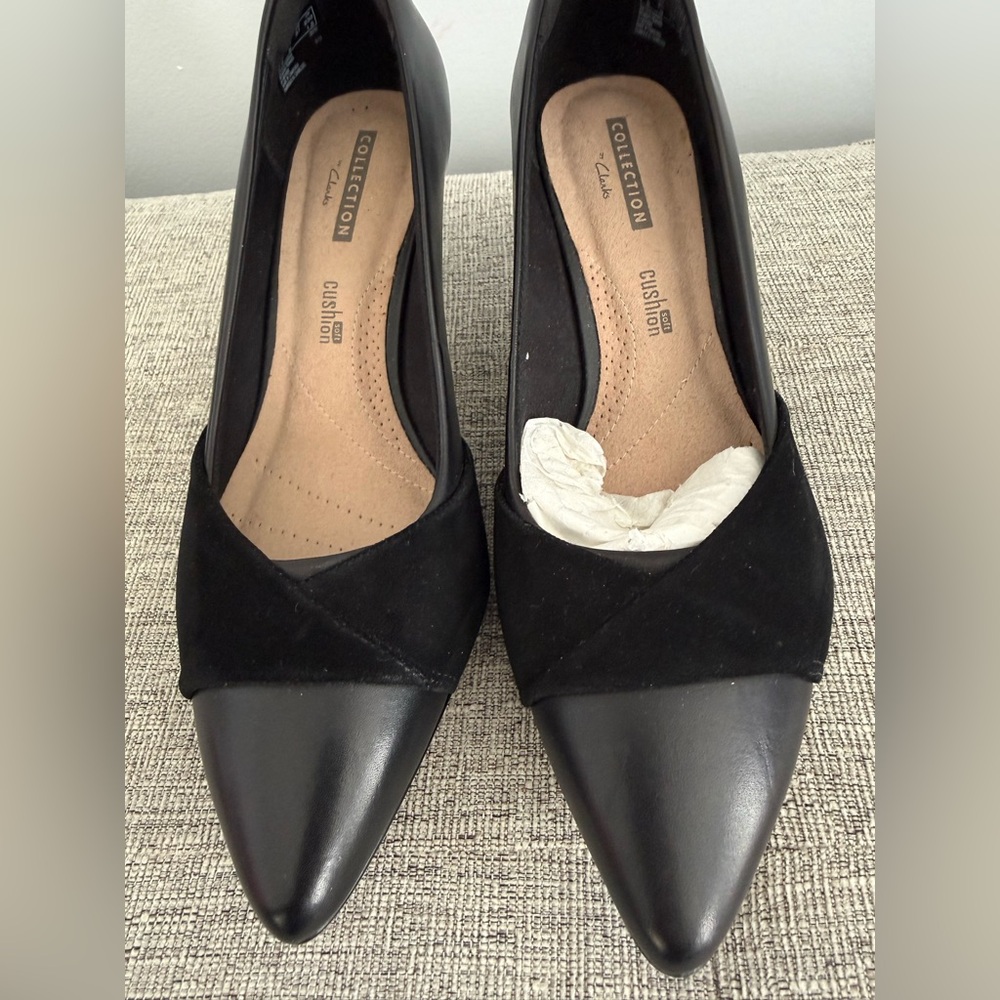 Clarks Linvale Vena Pump Womens Black Leather Suede Heels Pointed Toe